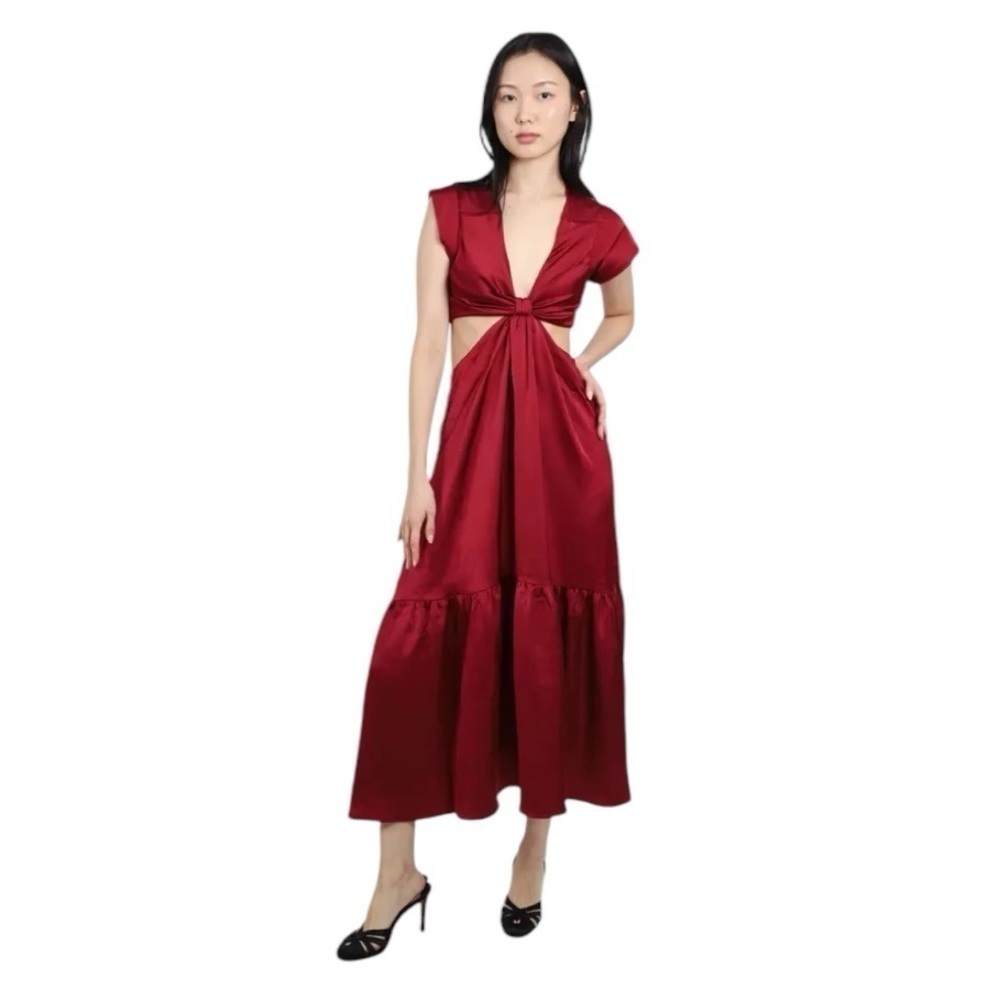 Jason Wu Alexandria Satin Midriff Cutout Midi Dress. Red. Medium. #591. NWOT